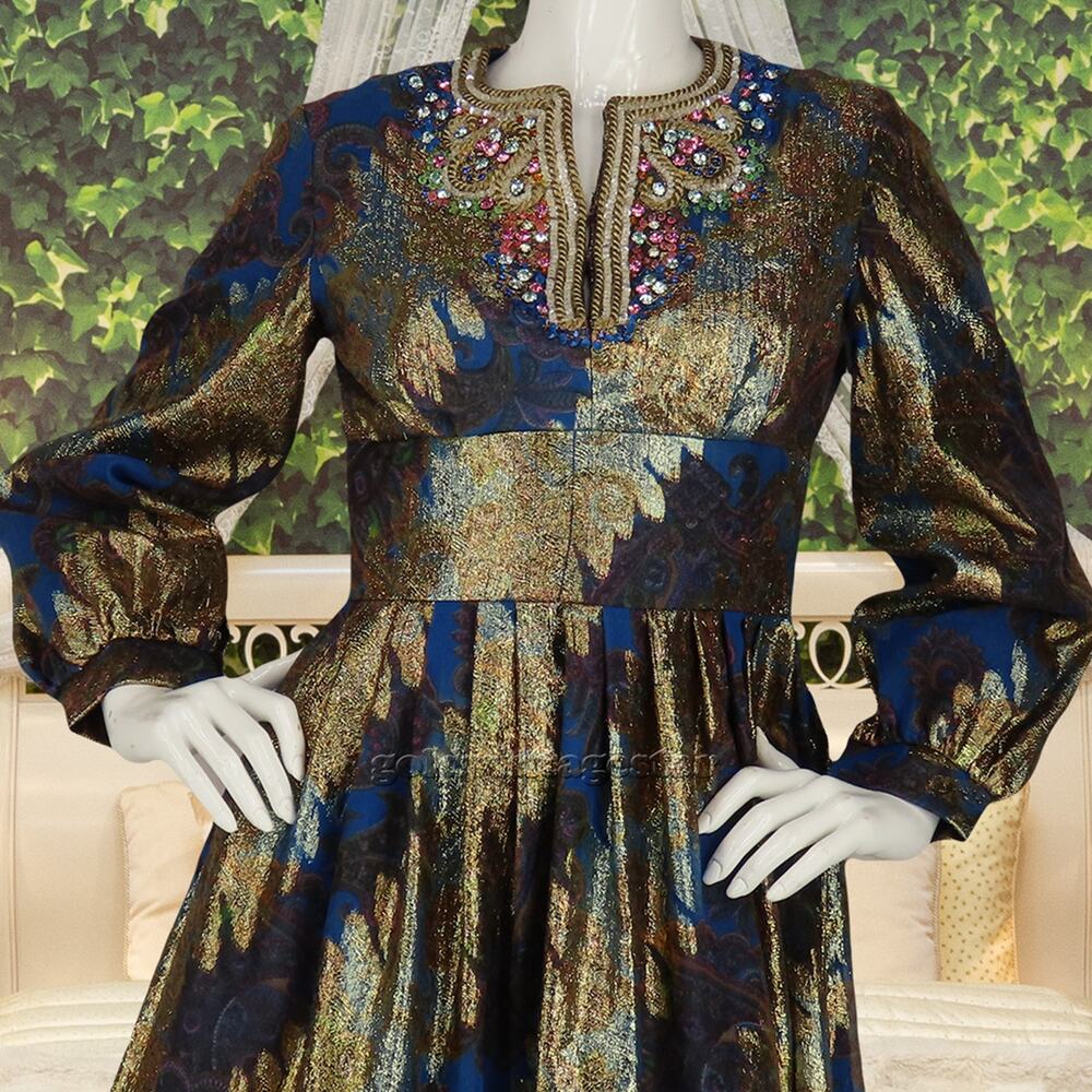60s Vintage Pat Sandler Gold Metallic Beaded Dress M